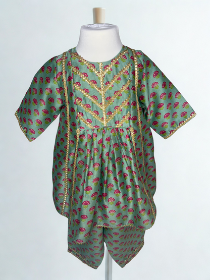 Mint Floral Print Peplum Set with Gota Lace Embroidery