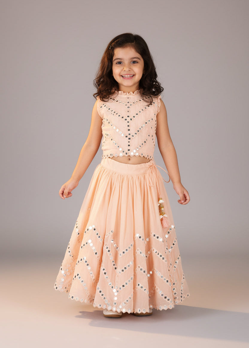 Peach lengha with mirror embroidery for girls, Indian and Pakistani kids festive wear by Reev
