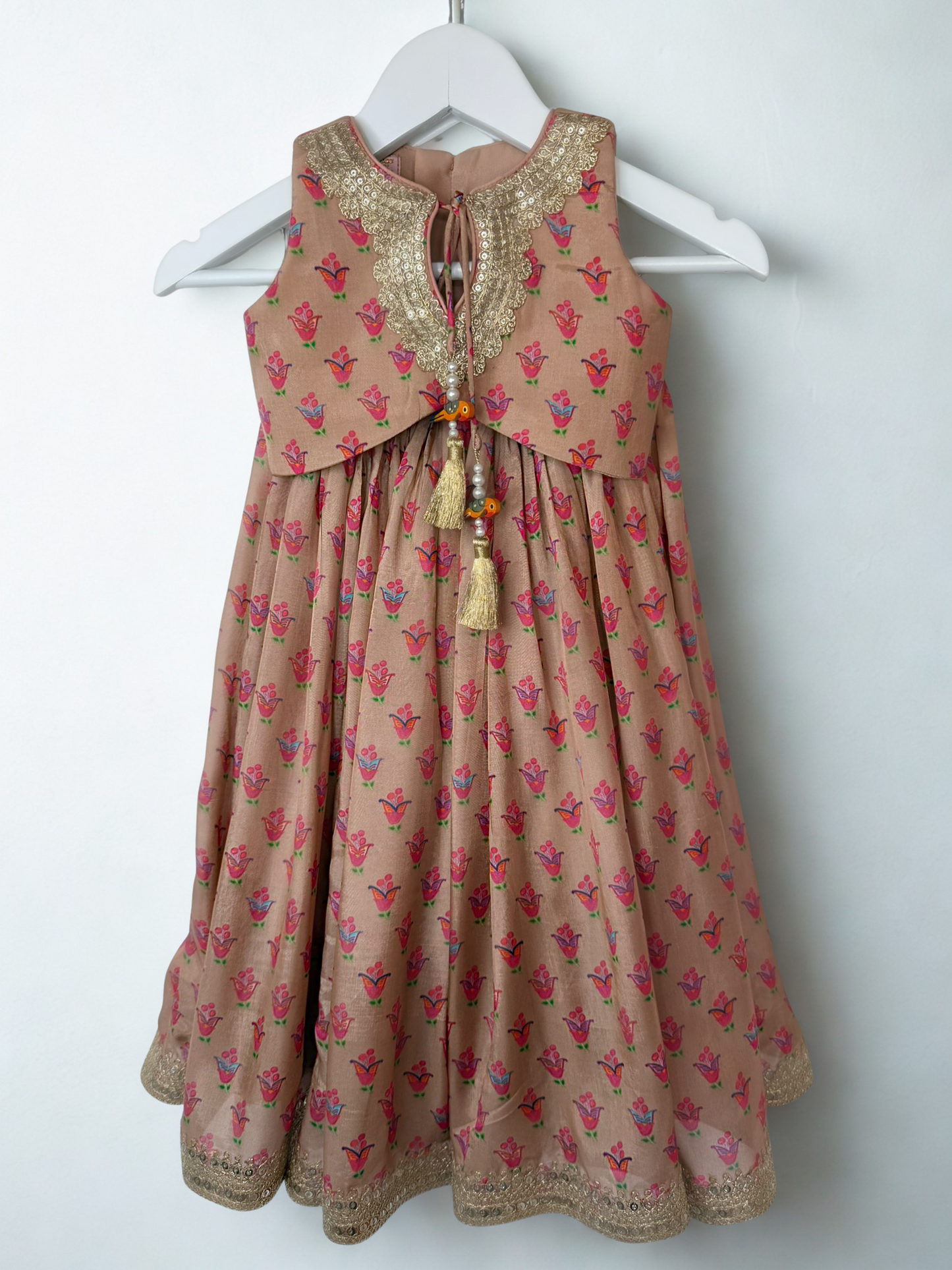 Peach Floral Print Lengha with Gold Lace Embroidery