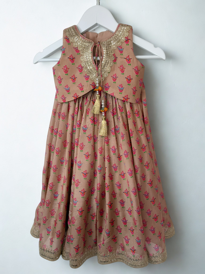 Peach Floral Print Lengha with Gold Lace Embroidery