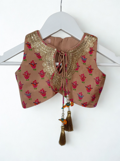 Peach Floral Print Lengha with Gold Lace Embroidery