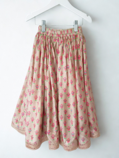 Peach Floral Print Lengha with Gold Lace Embroidery