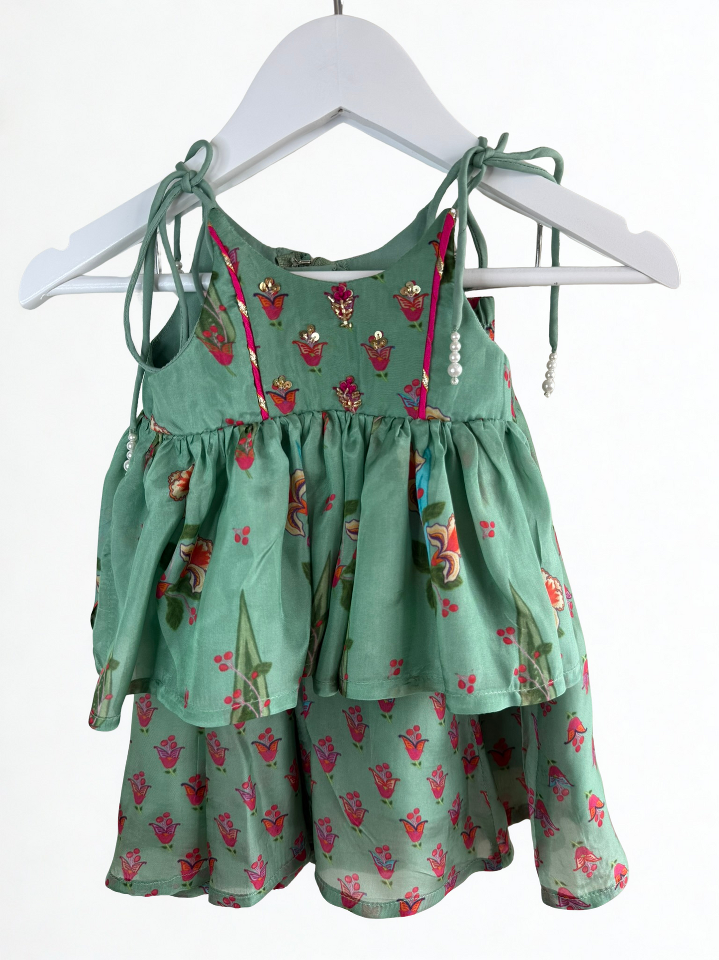 Mint Green Embellished Peplum and Palazzo Set with Floral Print