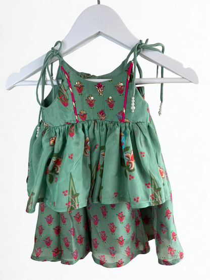 Mint Green Embellished Peplum and Palazzo Set with Floral Print