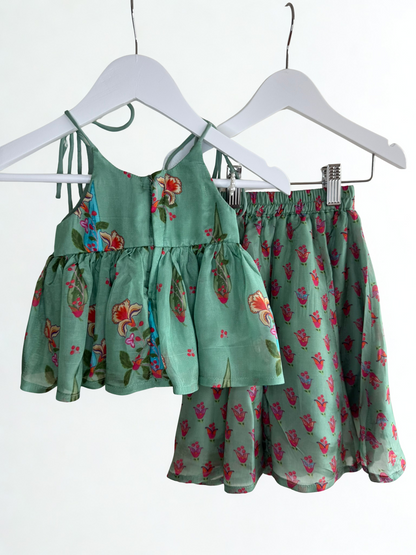 Mint Green Embellished Peplum and Palazzo Set with Floral Print