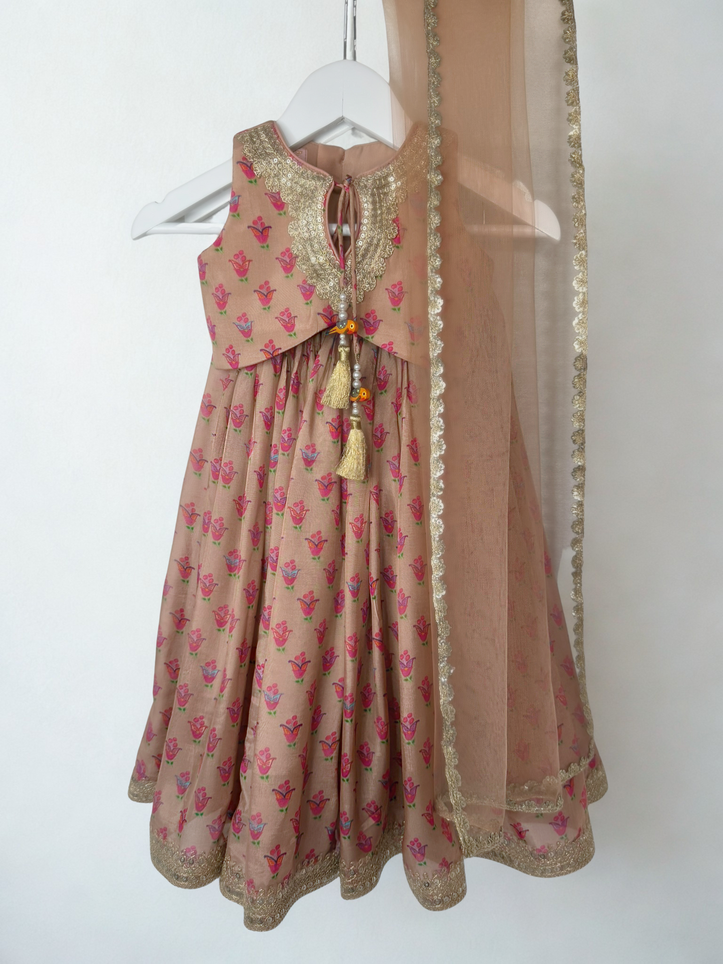 Peach Floral Print Lengha with Gold Lace Embroidery