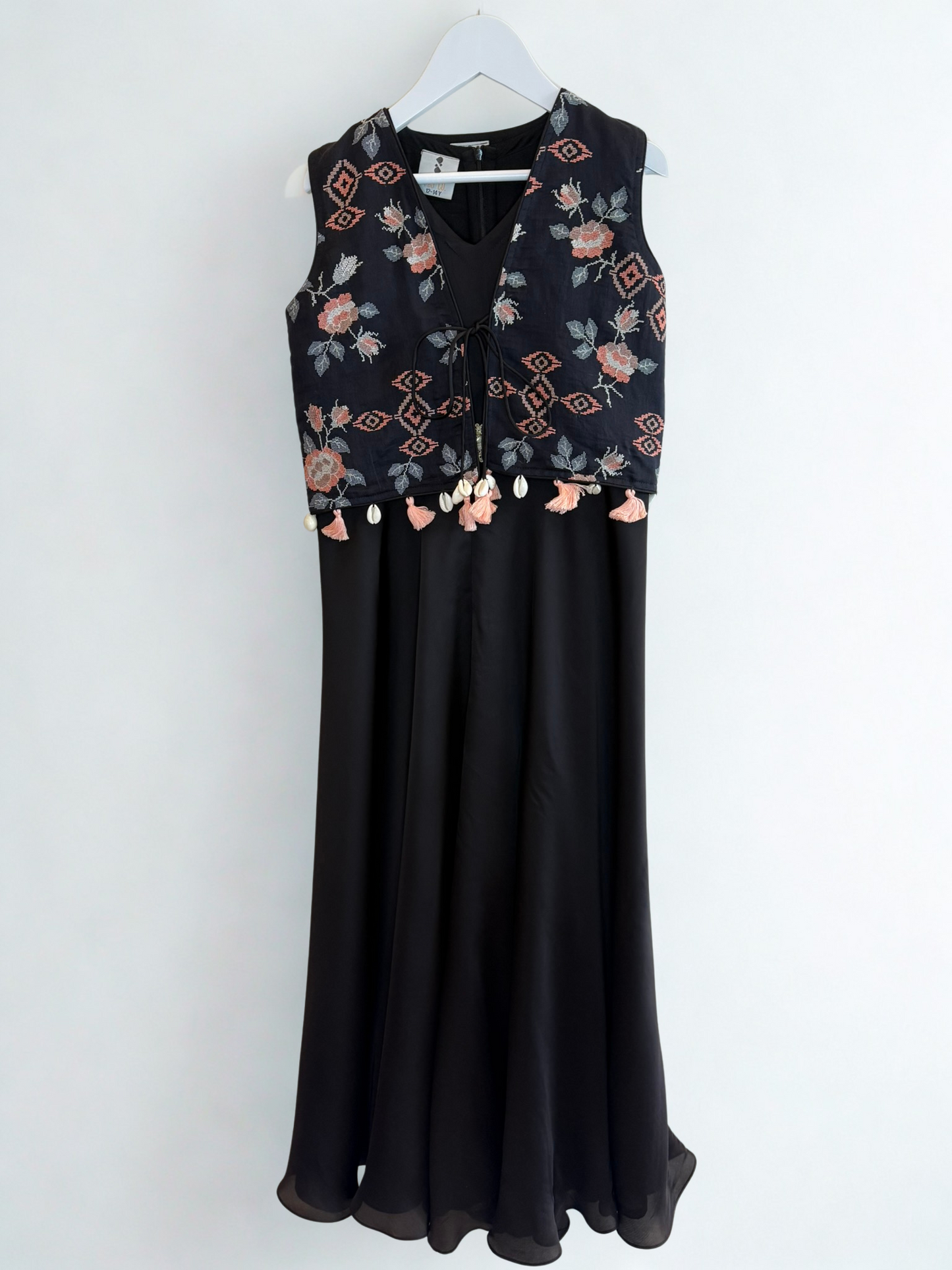 Black Jumpsuit with Cross-stitch Embroidered Waistcoat