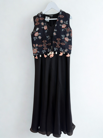 Black Jumpsuit with Cross-stitch Embroidered Waistcoat