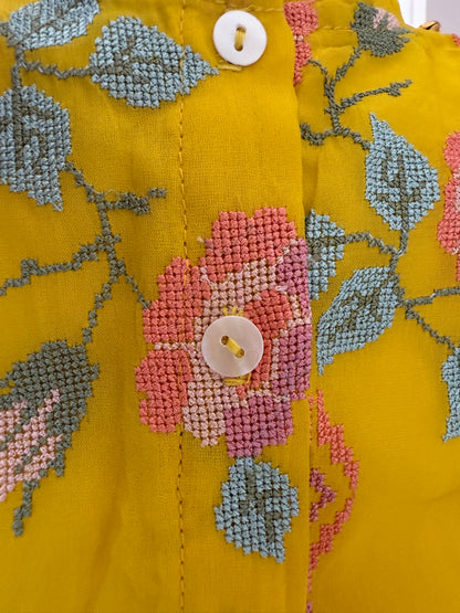 Yellow Lengha with Floral Cross-Stitch Embroidery