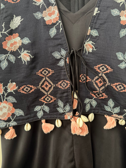 Black Jumpsuit with Cross-stitch Embroidered Waistcoat