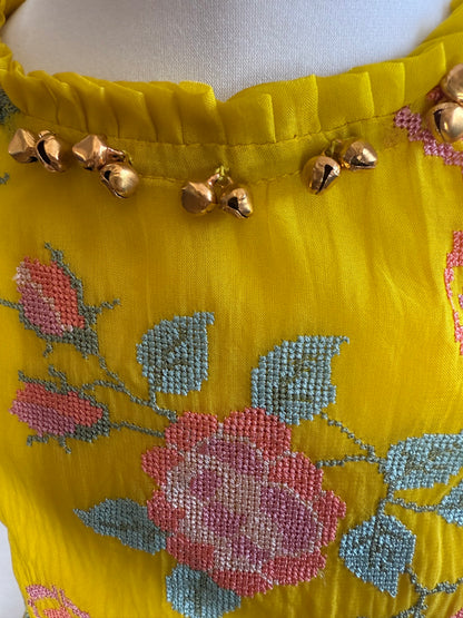 Yellow Lengha with Floral Cross-Stitch Embroidery