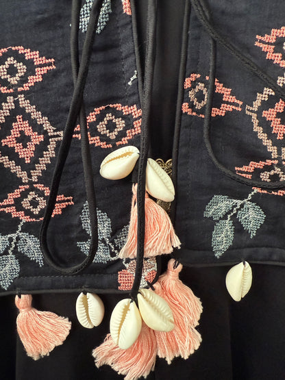 Black Jumpsuit with Cross-stitch Embroidered Waistcoat