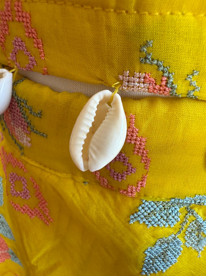 Yellow Lengha with Floral Cross-Stitch Embroidery