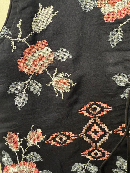 Black Jumpsuit with Cross-stitch Embroidered Waistcoat