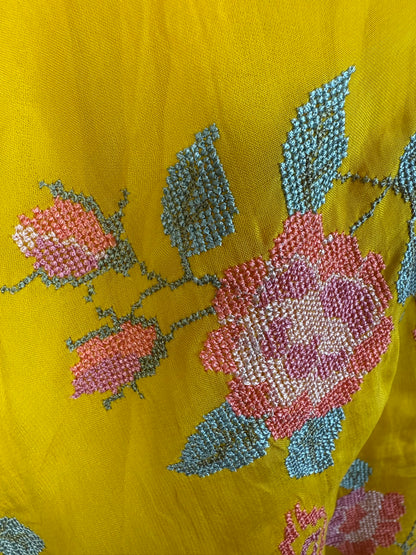 Yellow Lengha with Floral Cross-Stitch Embroidery