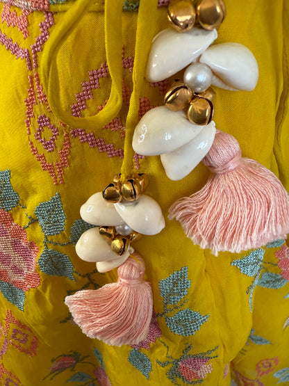 Yellow Lengha with Floral Cross-Stitch Embroidery