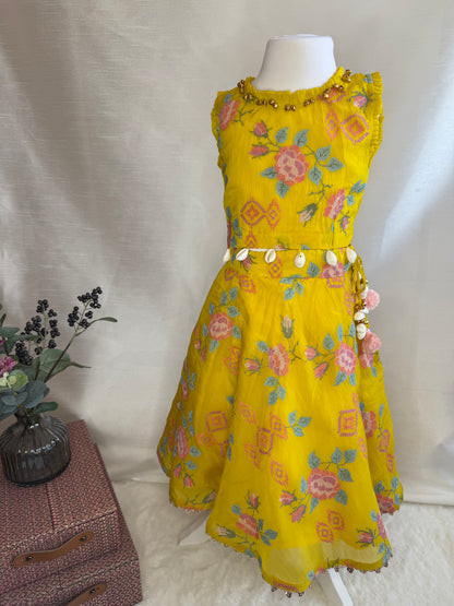 Yellow Lengha with Floral Cross-Stitch Embroidery